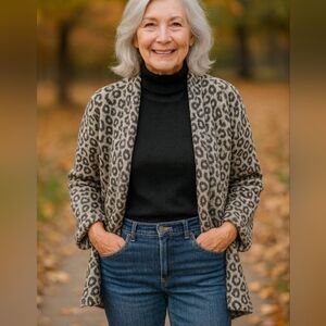 Peck & Peck Open Front Animal Print Cardigan Gray, 3/4 Sleeve, PL